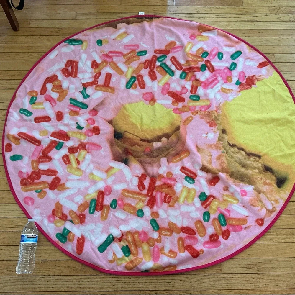 Round pool beach towel pink‎ donut & colorful sprinkles design 58” diameter